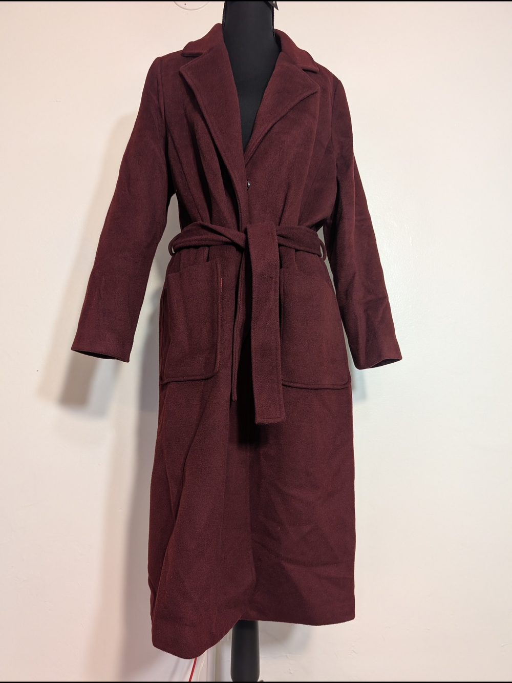 Women's Long Belted Trench Coat in Deep Wine